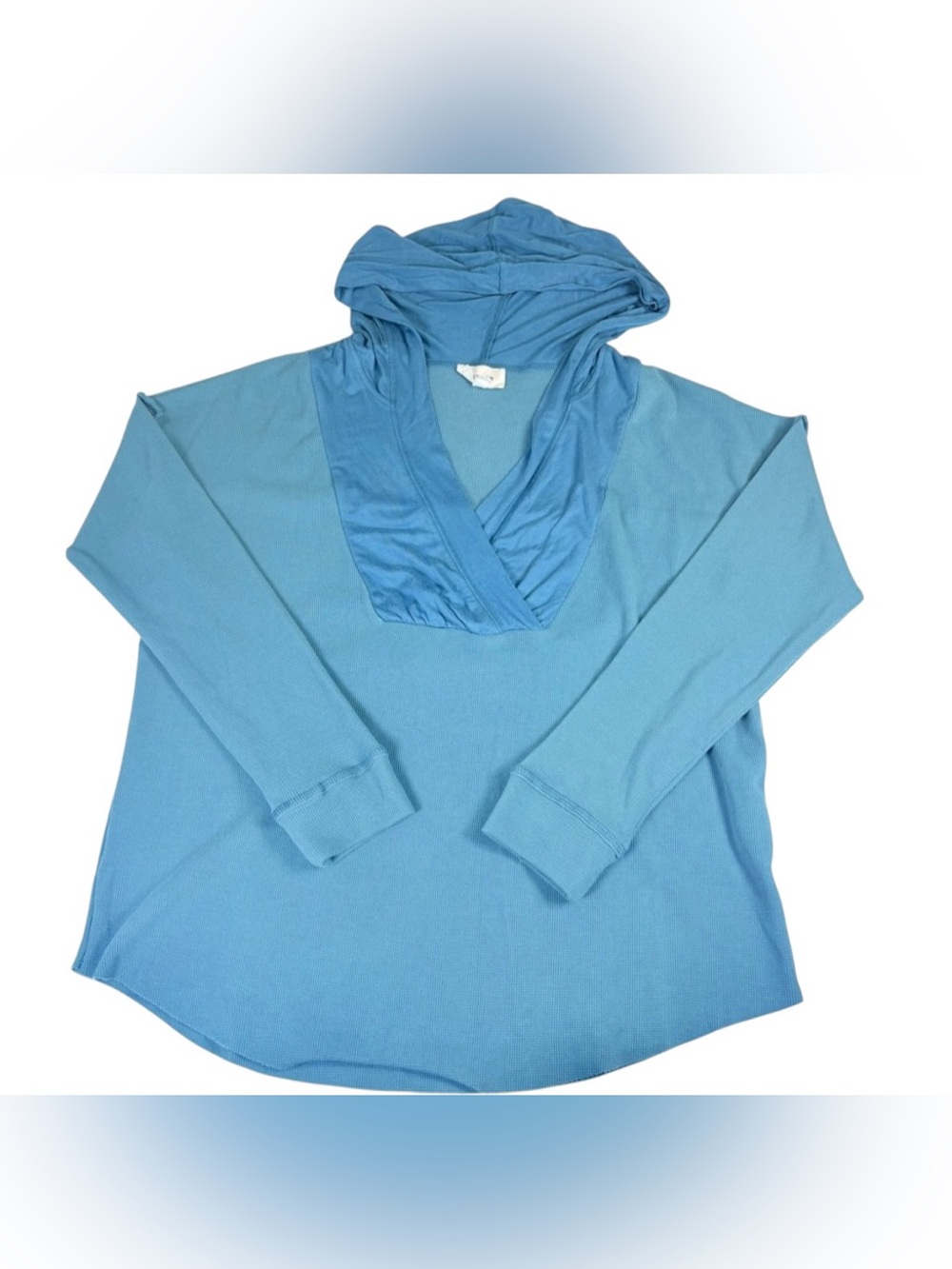 Heyson Teal Hooded Waffle Knit Wrap Neck Long Sleeve Top M